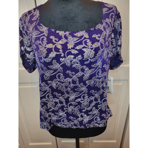 NWT Vintage Y2K Purple/Silver Floral Slinky Top XL Glitter Square Neck Retro - Picture 1 of 9